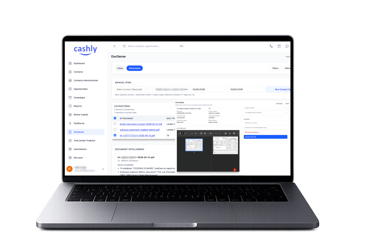 CashlyCRM borrower document and DocSense workflow view