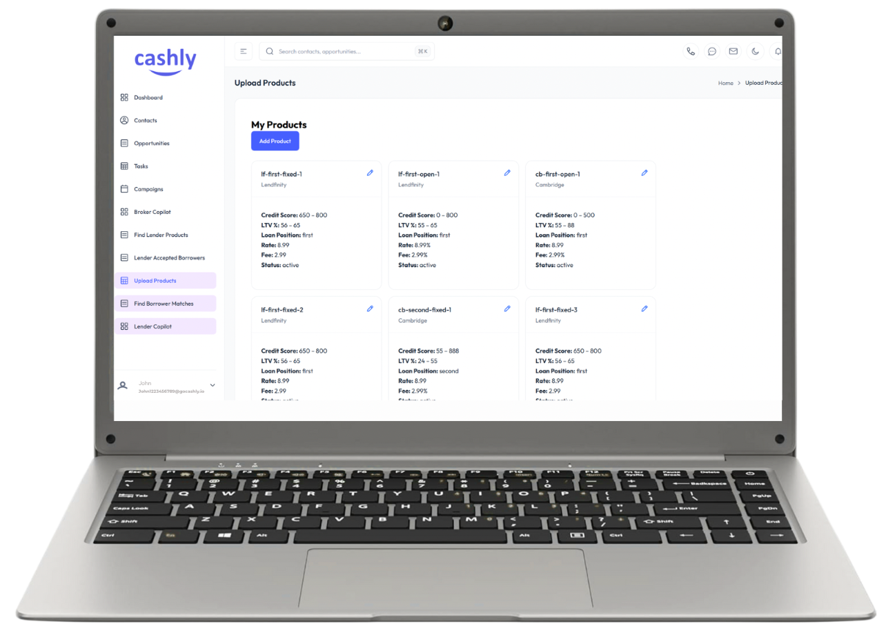 CashlyCRM lender product and borrower matching screen
